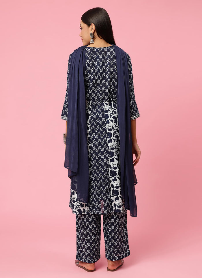 Women Navy Blue Floral Printed Kurta Comfort Pant Dupatta.