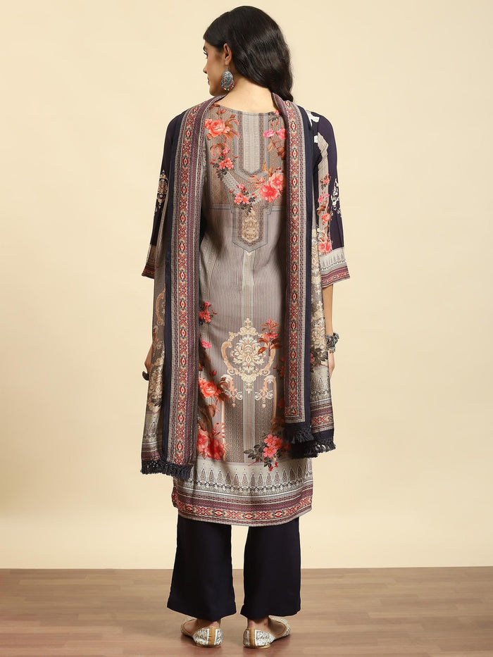 Women Navy Blue Floral Printed Kurta Comfort Pant Dupatta.