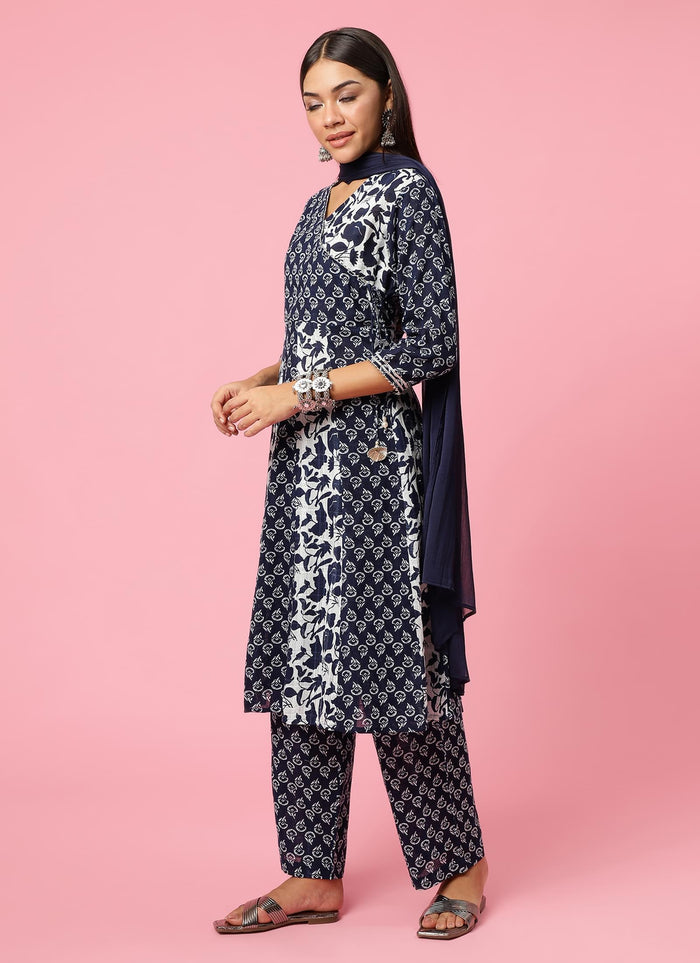 Women Navy Blue Floral Printed Kurta Comfort Pant Dupatta.