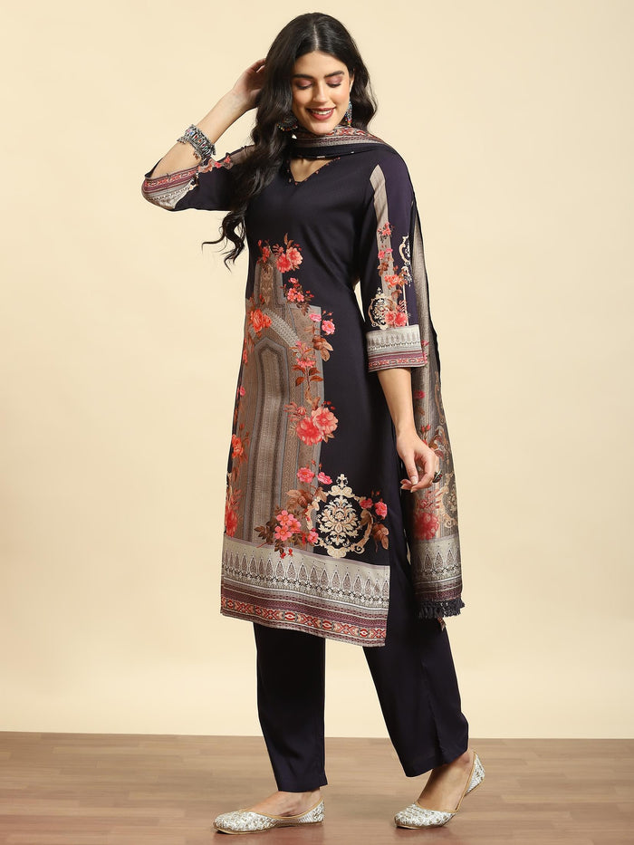 Women Navy Blue Floral Printed Kurta Comfort Pant Dupatta.