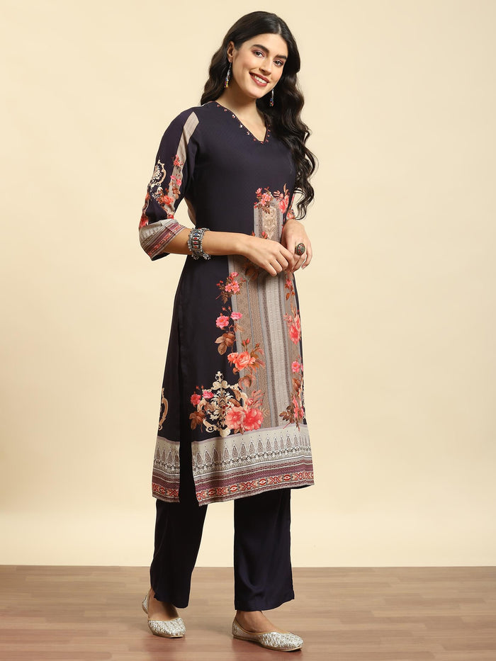 Women Navy Blue Floral Printed Kurta Comfort Pant Dupatta.