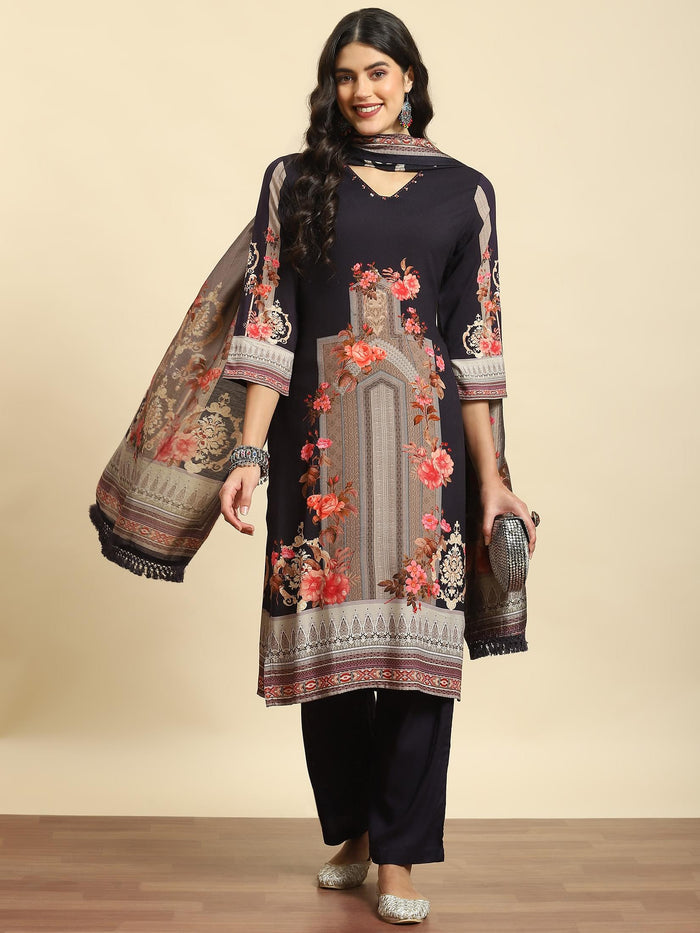 Women Navy Blue Floral Printed Kurta Comfort Pant Dupatta.