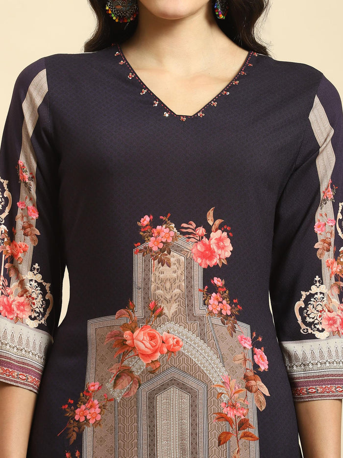 Women Navy Blue Floral Printed Kurta Comfort Pant Dupatta.