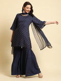 Women Navy Blue Floral Printed Kurta Sharara Dupatta.
