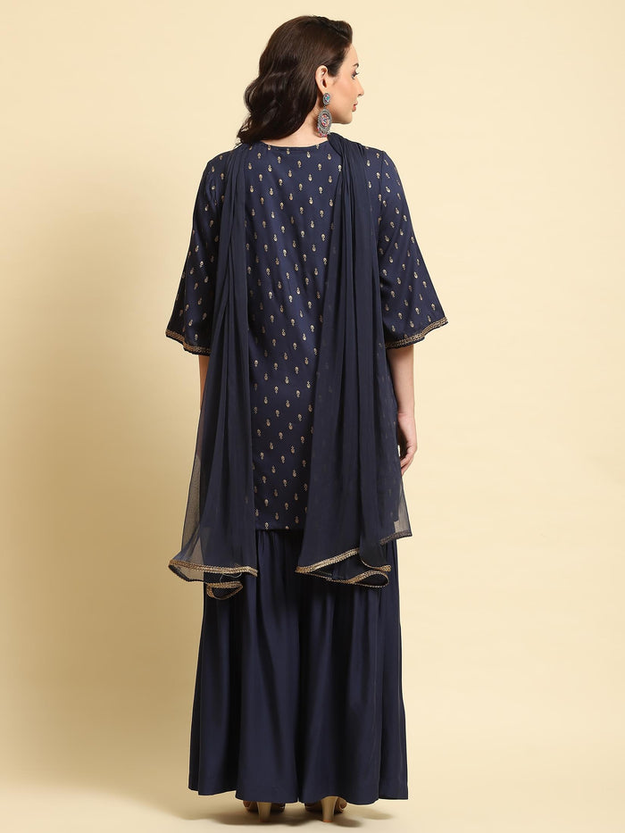 Women Navy Blue Floral Printed Kurta Sharara Dupatta.