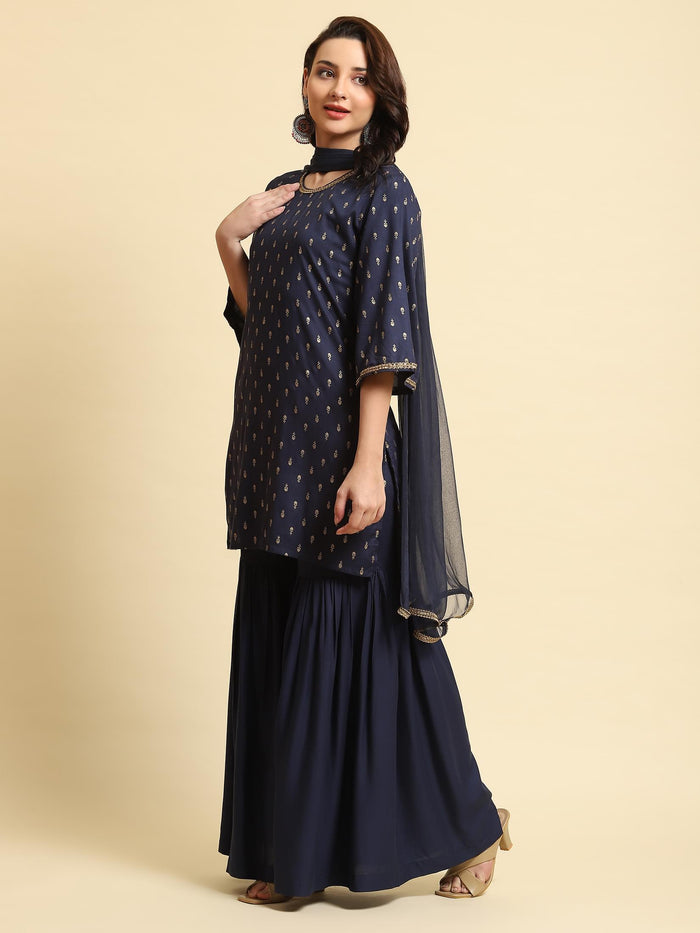 Women Navy Blue Floral Printed Kurta Sharara Dupatta.