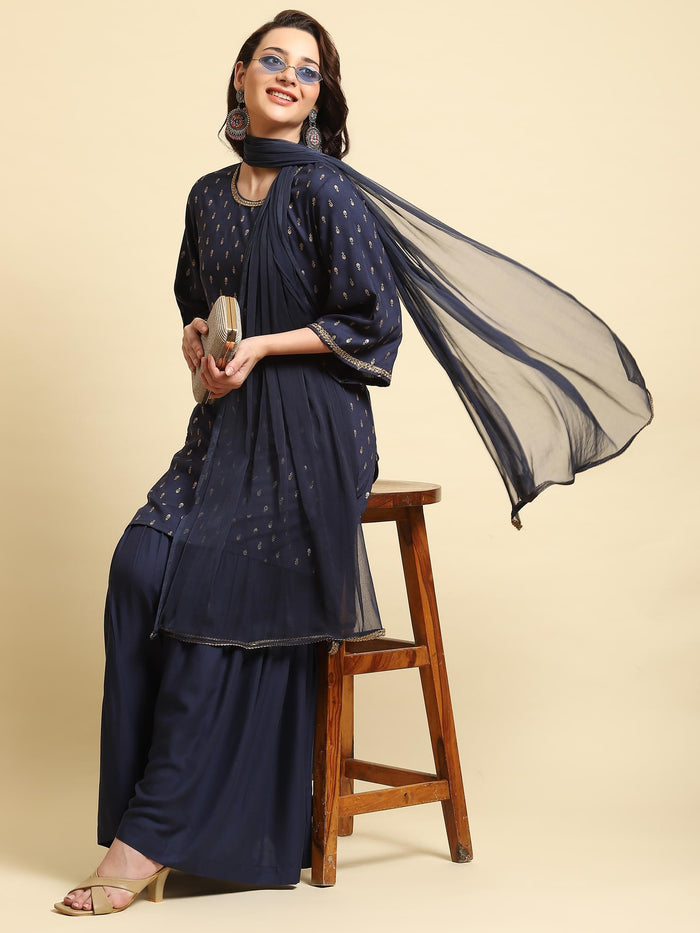 Women Navy Blue Floral Printed Kurta Sharara Dupatta.