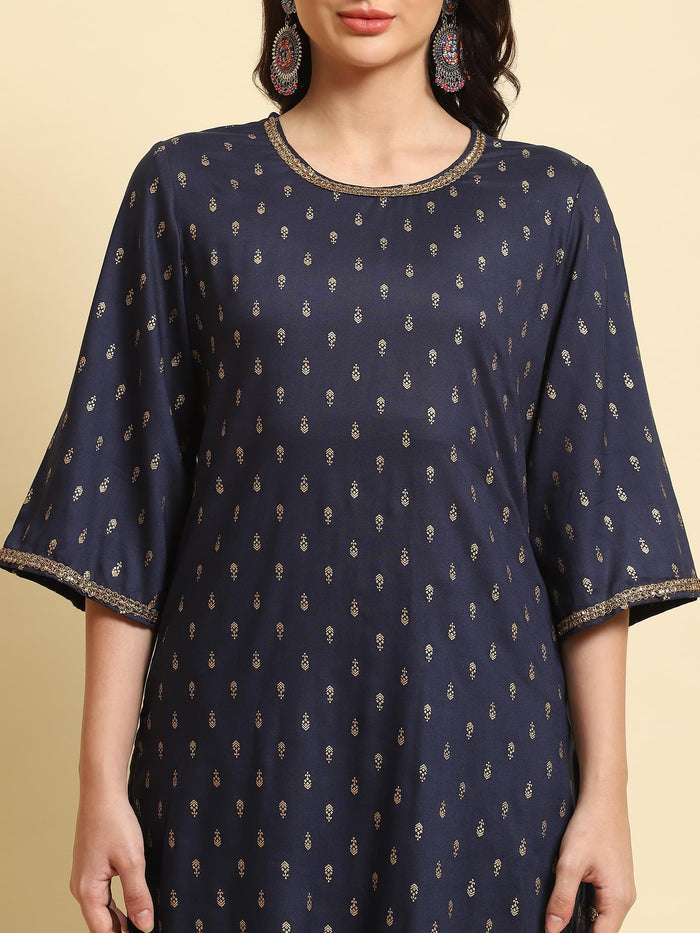 Women Navy Blue Floral Printed Kurta Sharara Dupatta.