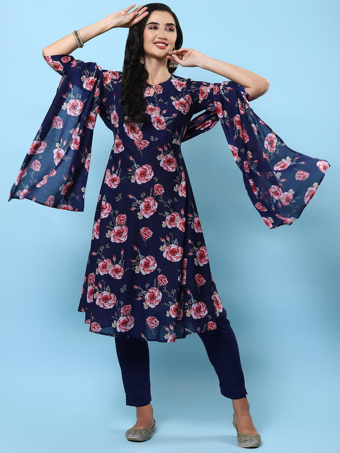 Women Navy Blue Floral Printed Kurta Trouser Dupatta.