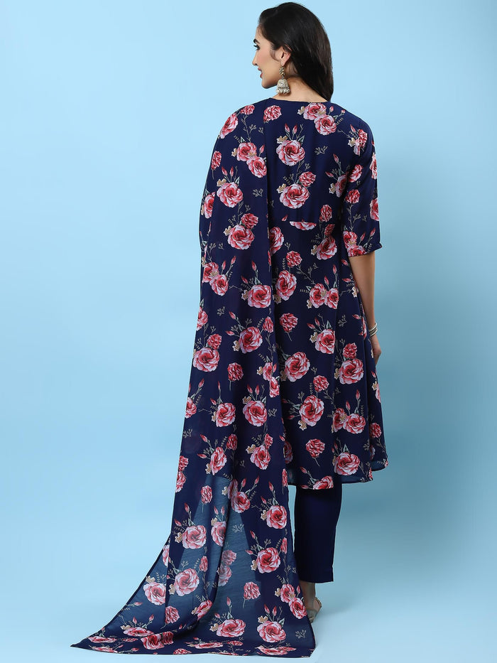 Women Navy Blue Floral Printed Kurta Trouser Dupatta.