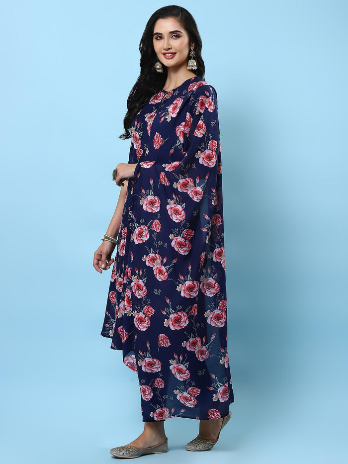 Women Navy Blue Floral Printed Kurta Trouser Dupatta.