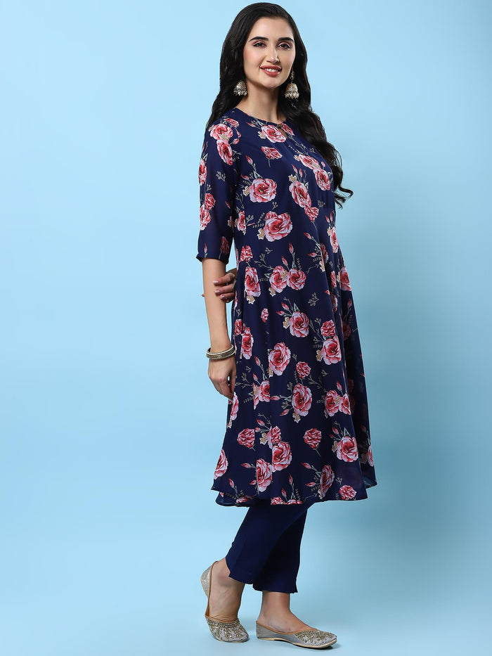 Women Navy Blue Floral Printed Kurta Trouser Dupatta.