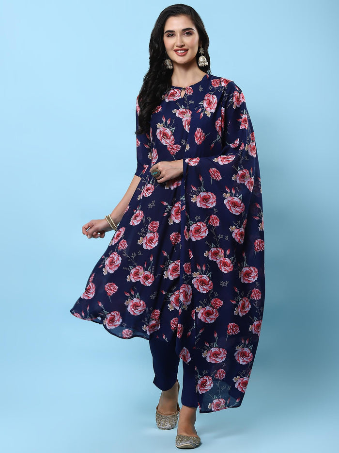 Women Navy Blue Floral Printed Kurta Trouser Dupatta.