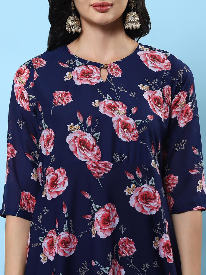 Women Navy Blue Floral Printed Kurta Trouser Dupatta.