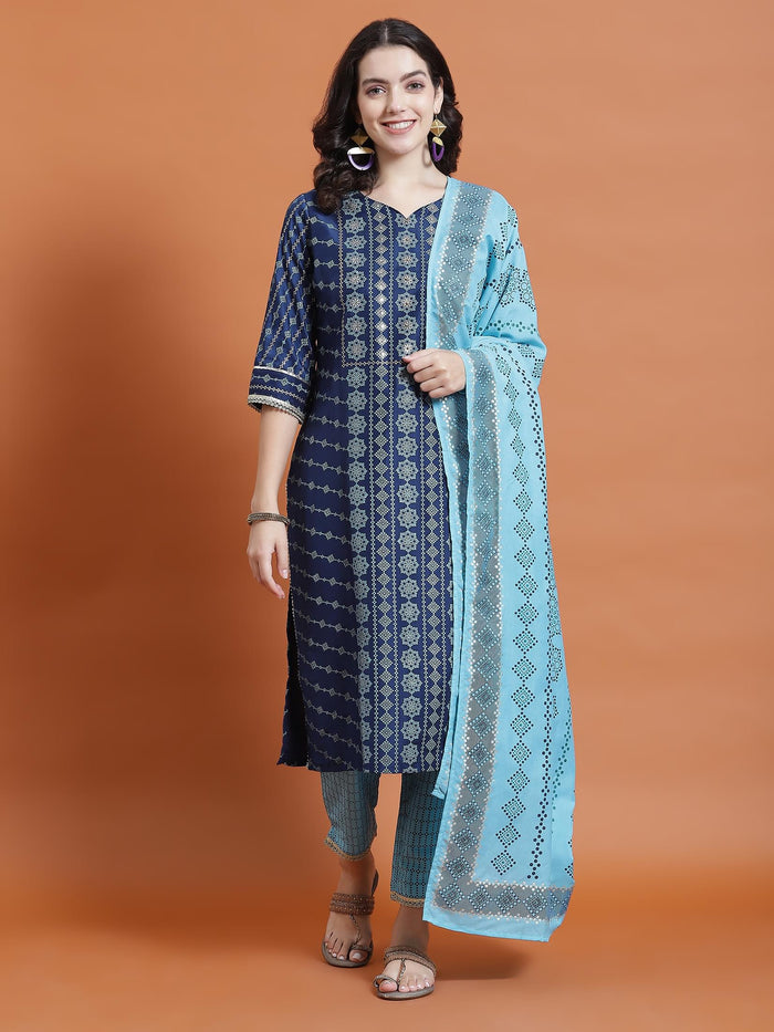 Women Navy Blue Geometric Print Kurta Trouser Dupatta.