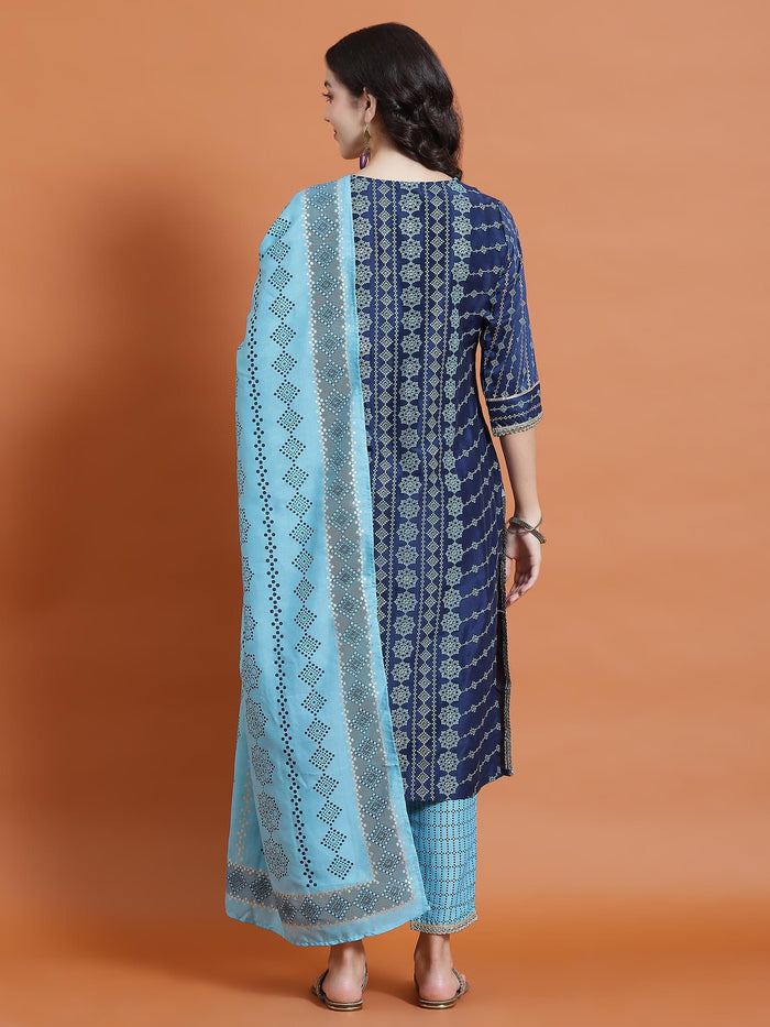 Women Navy Blue Geometric Print Kurta Trouser Dupatta.
