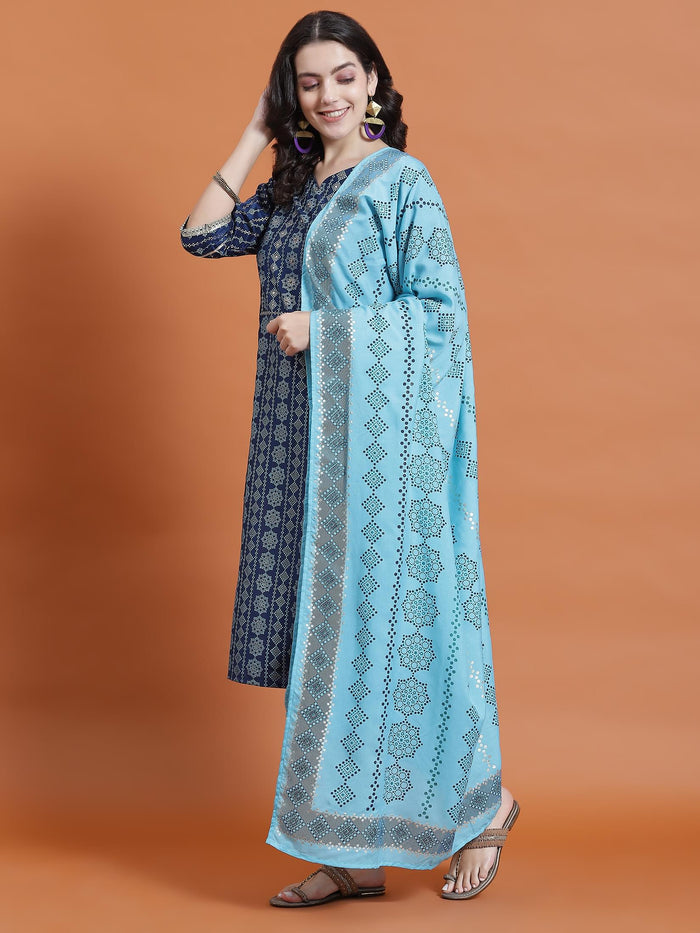 Women Navy Blue Geometric Print Kurta Trouser Dupatta.