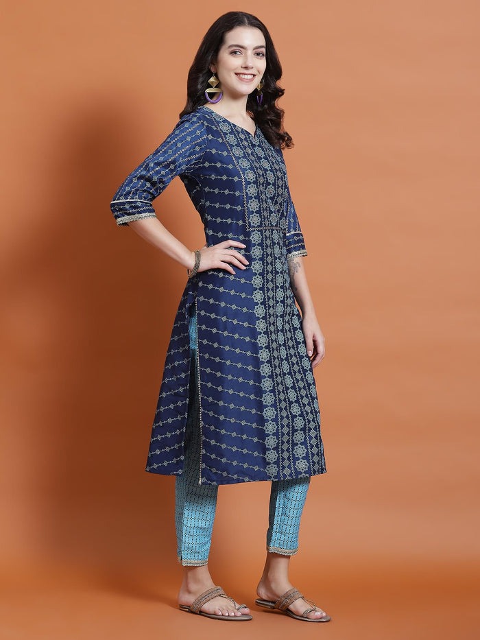 Women Navy Blue Geometric Print Kurta Trouser Dupatta.