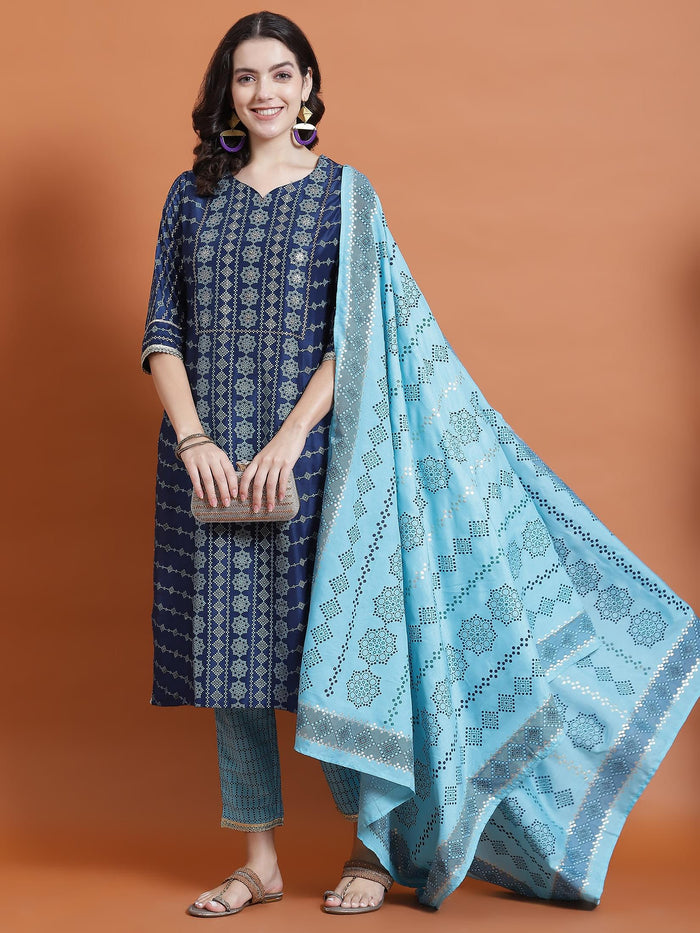 Women Navy Blue Geometric Print Kurta Trouser Dupatta.