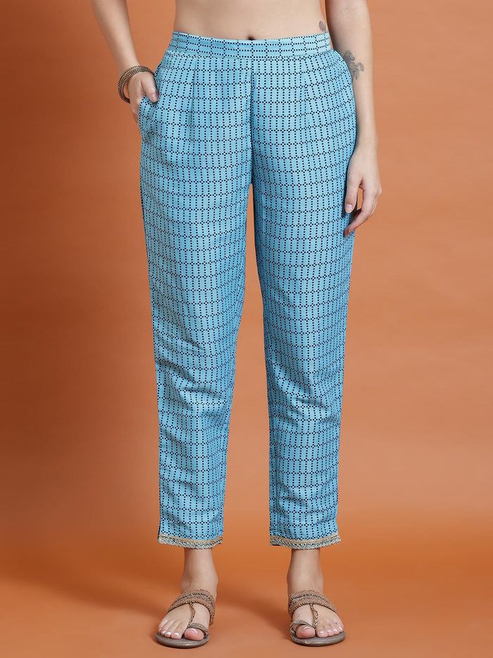 Women Navy Blue Geometric Print Kurta Trouser Dupatta.