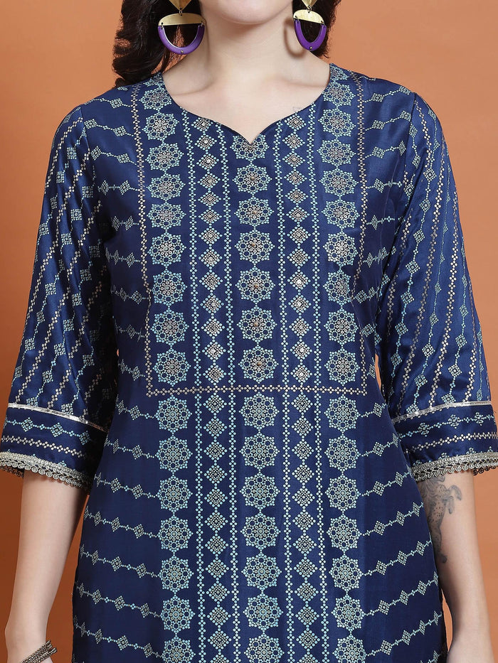 Women Navy Blue Geometric Print Kurta Trouser Dupatta.