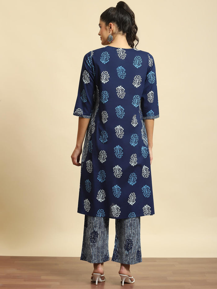 Women Navy Blue Geometric Print Kurta With Comfort Pant.