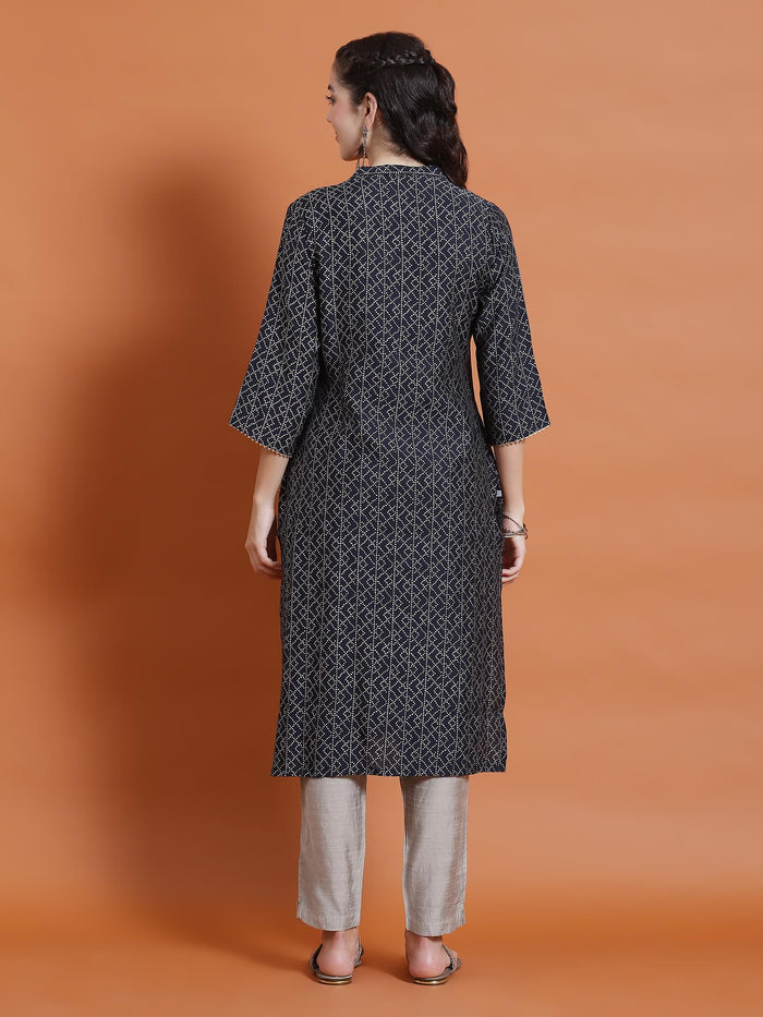 Women Navy Blue Geometric Print Kurta With Trouser.