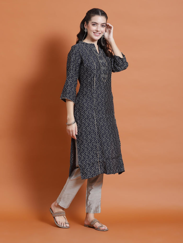 Women Navy Blue Geometric Print Kurta With Trouser.