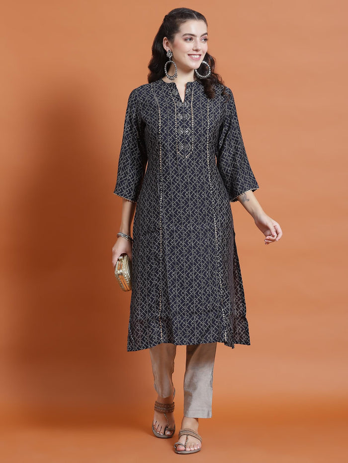 Women Navy Blue Geometric Print Kurta With Trouser.
