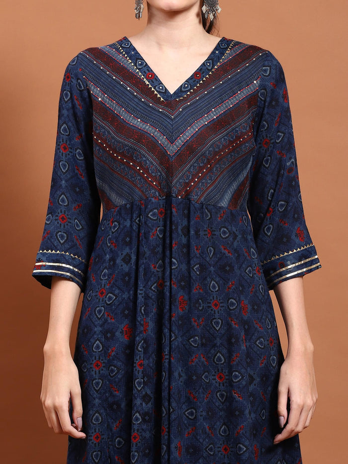 Women Navy Blue Geometric Print Kurta With Trouser.