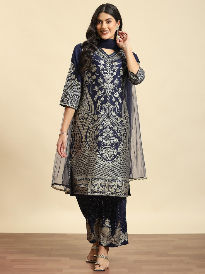 Women Navy Blue Ornamental Print Kurta Comfort Pant Dupatta.
