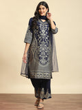 Women Navy Blue Ornamental Print Kurta Comfort Pant Dupatta.