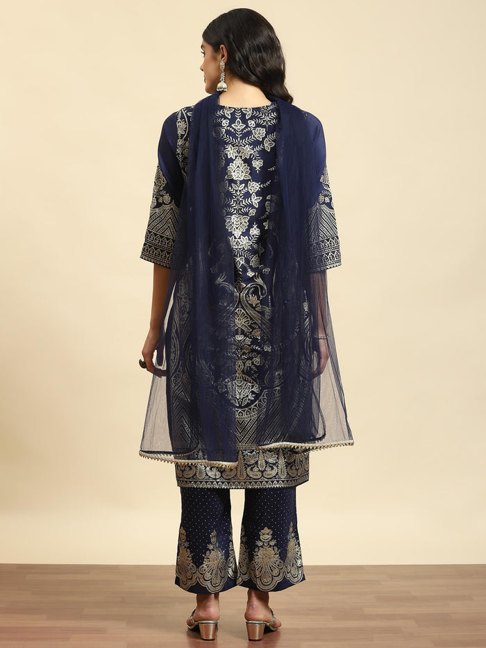 Women Navy Blue Ornamental Print Kurta Comfort Pant Dupatta.
