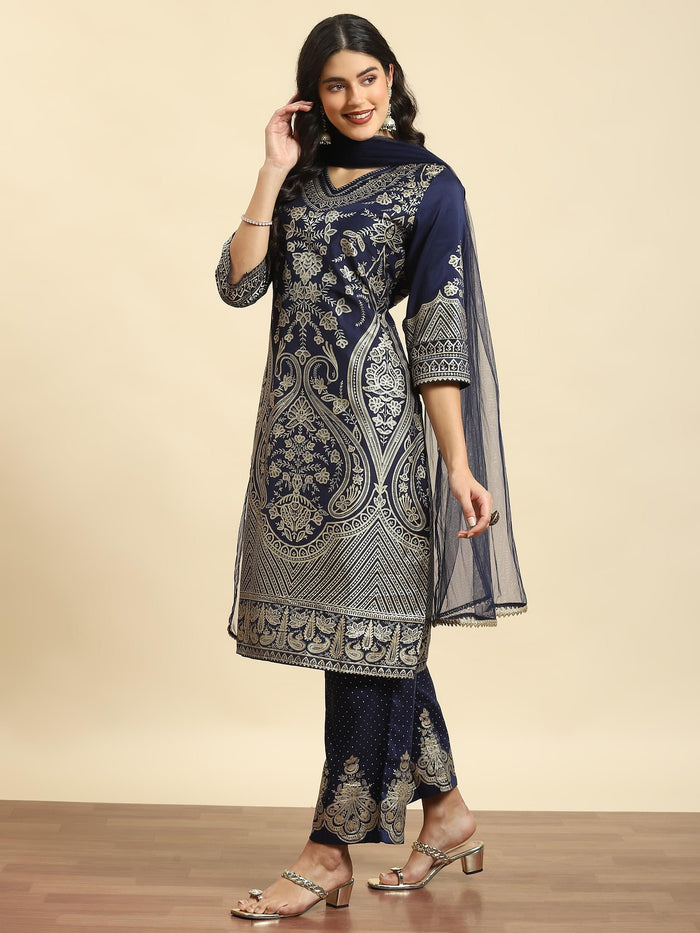 Women Navy Blue Ornamental Print Kurta Comfort Pant Dupatta.