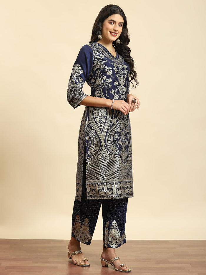 Women Navy Blue Ornamental Print Kurta Comfort Pant Dupatta.