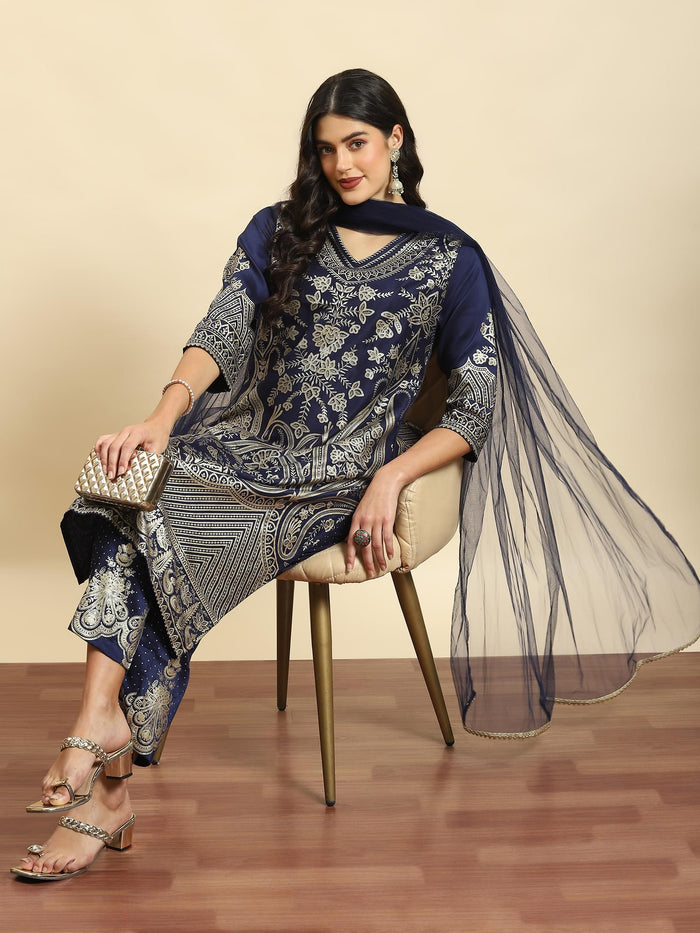 Women Navy Blue Ornamental Print Kurta Comfort Pant Dupatta.