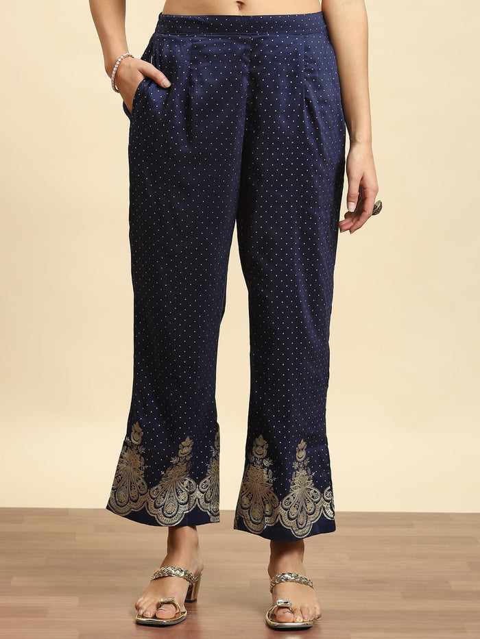 Women Navy Blue Ornamental Print Kurta Comfort Pant Dupatta.