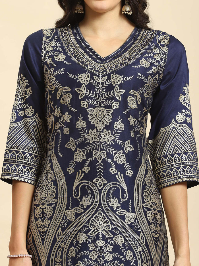 Women Navy Blue Ornamental Print Kurta Comfort Pant Dupatta.
