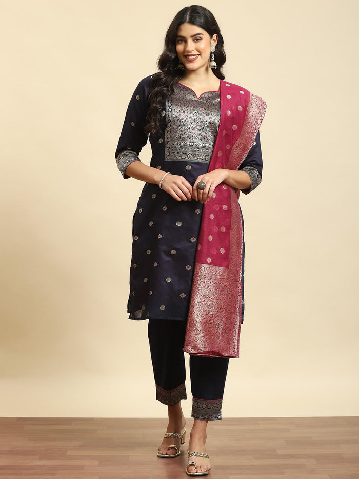 Women Navy Blue Woven Kurta Trouser Dupatta.