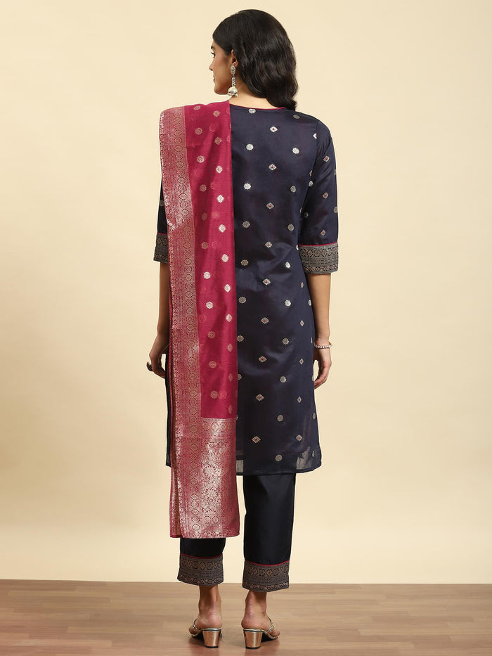 Women Navy Blue Woven Kurta Trouser Dupatta.