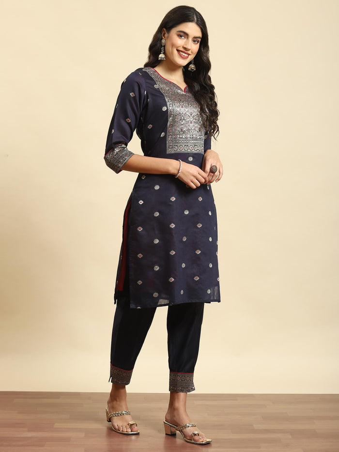 Women Navy Blue Woven Kurta Trouser Dupatta.