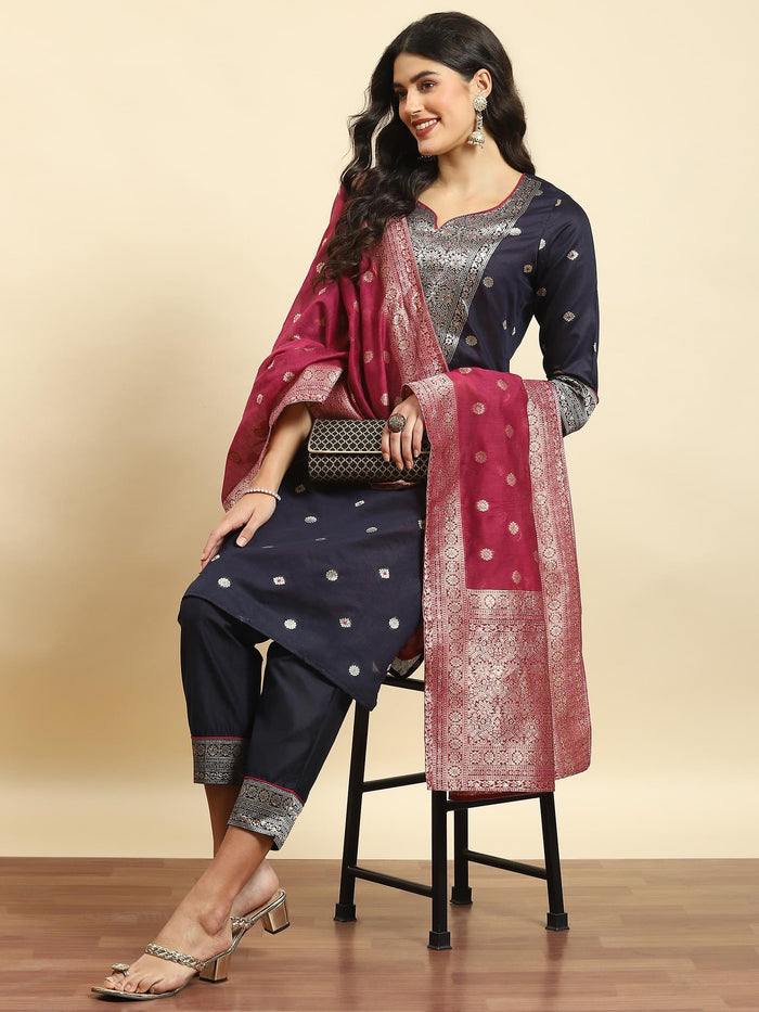 Women Navy Blue Woven Kurta Trouser Dupatta.