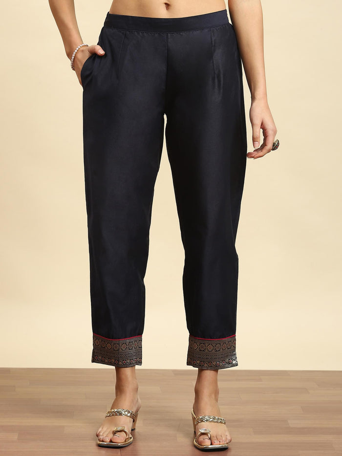 Women Navy Blue Woven Kurta Trouser Dupatta.