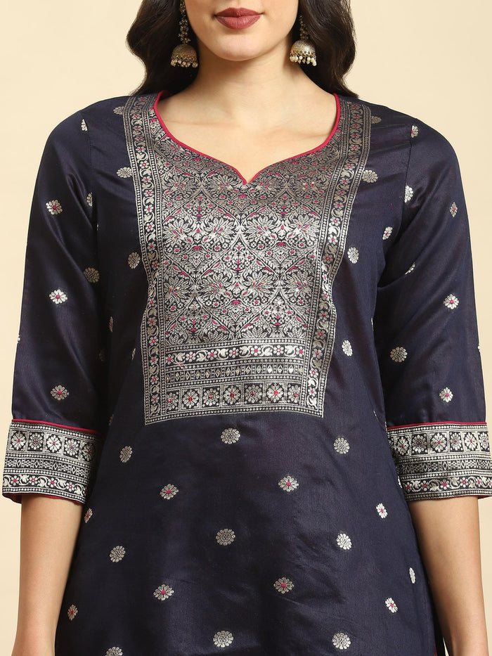 Women Navy Blue Woven Kurta Trouser Dupatta.