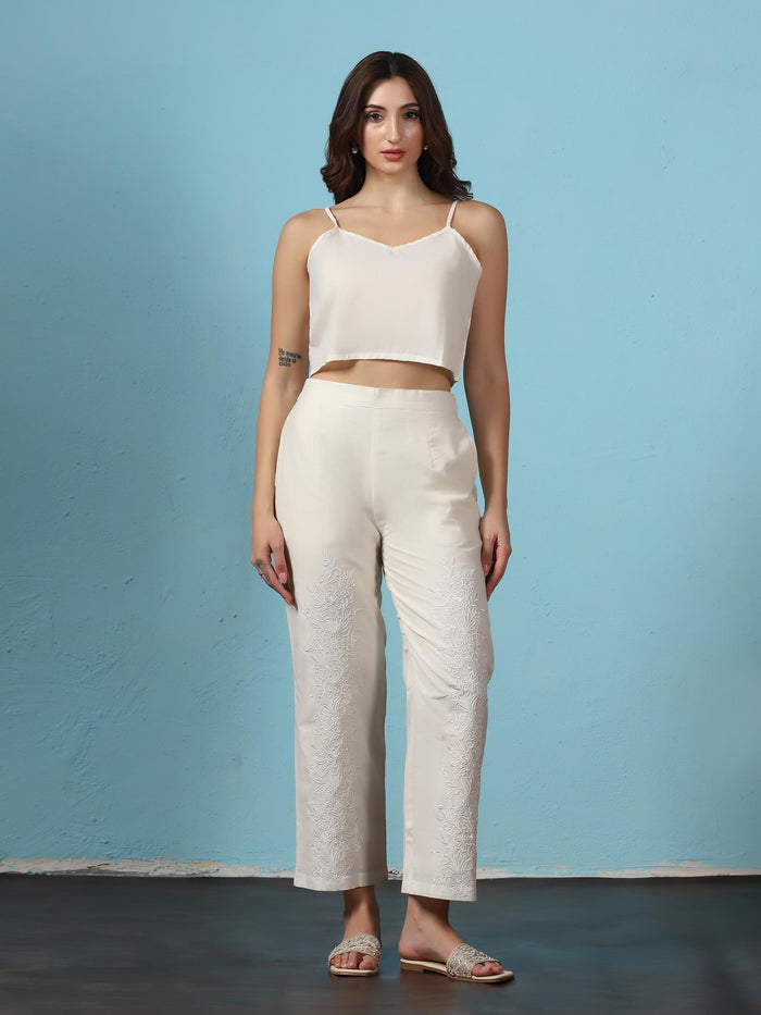 Women Off White Cotton Embroidered Co-Ord Set.
