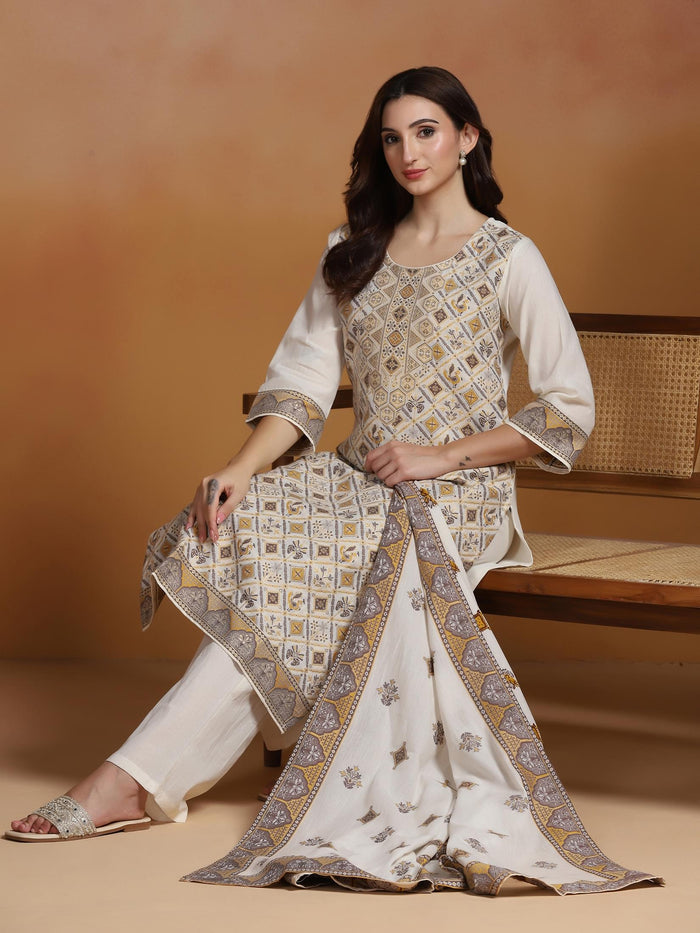 Women Off White  Cotton Jacquard Kurta Comfort Pant Dupatta.