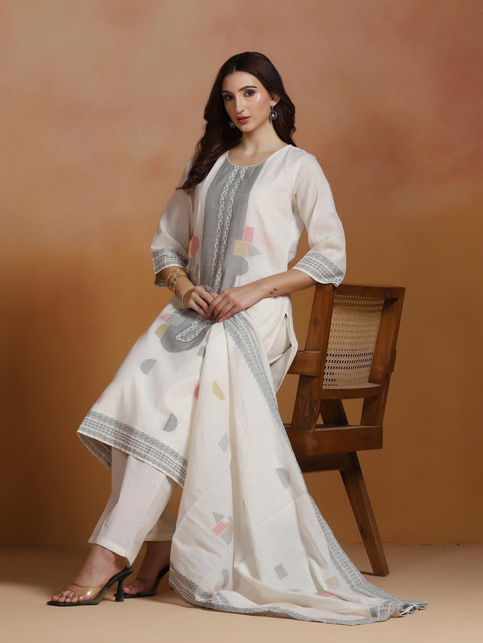 Women Off White Cotton Jacquard Kurta Comfort Pant Dupatta.