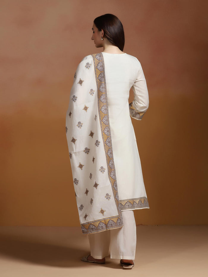 Women Off White  Cotton Jacquard Kurta Comfort Pant Dupatta.