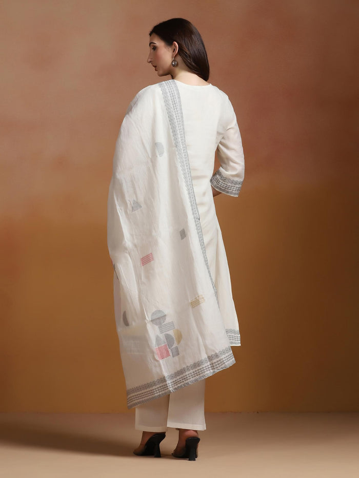 Women Off White Cotton Jacquard Kurta Comfort Pant Dupatta.