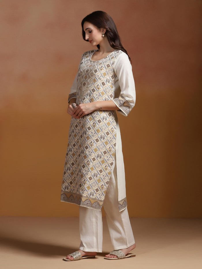 Women Off White  Cotton Jacquard Kurta Comfort Pant Dupatta.